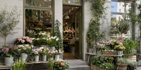 Blomsterbutik i Oslo med en inbjudande entré fylld av blommor och växter, uppvärmd med infrapaneler från Infracenter.