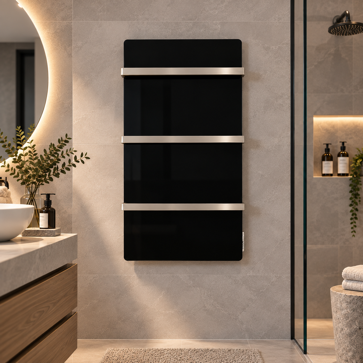 Scaldasalviette 500W Night Black – Esclusivo scaldasalviette in vetro nero con riscaldamento a infrarossi