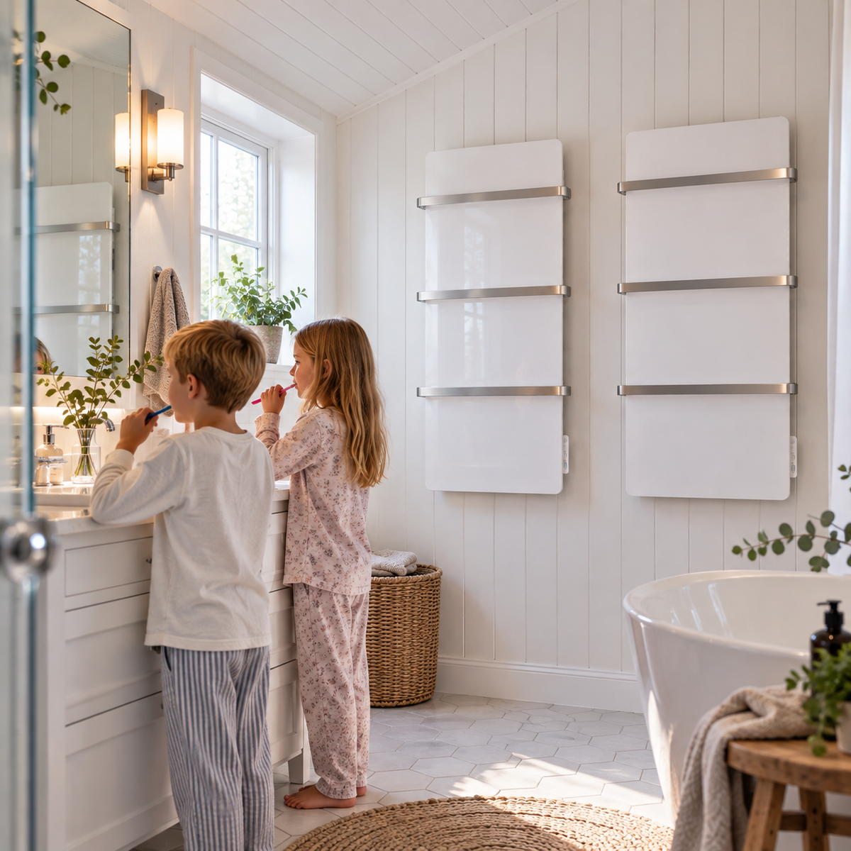 Håndklædevarmer 500W Mælkehvid – Elegant håndklædetørrer i hvidt glas med infrarød varme