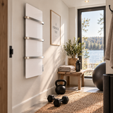 Håndklædevarmer 500W Mælkehvid – Elegant håndklædetørrer i hvidt glas med infrarød varme